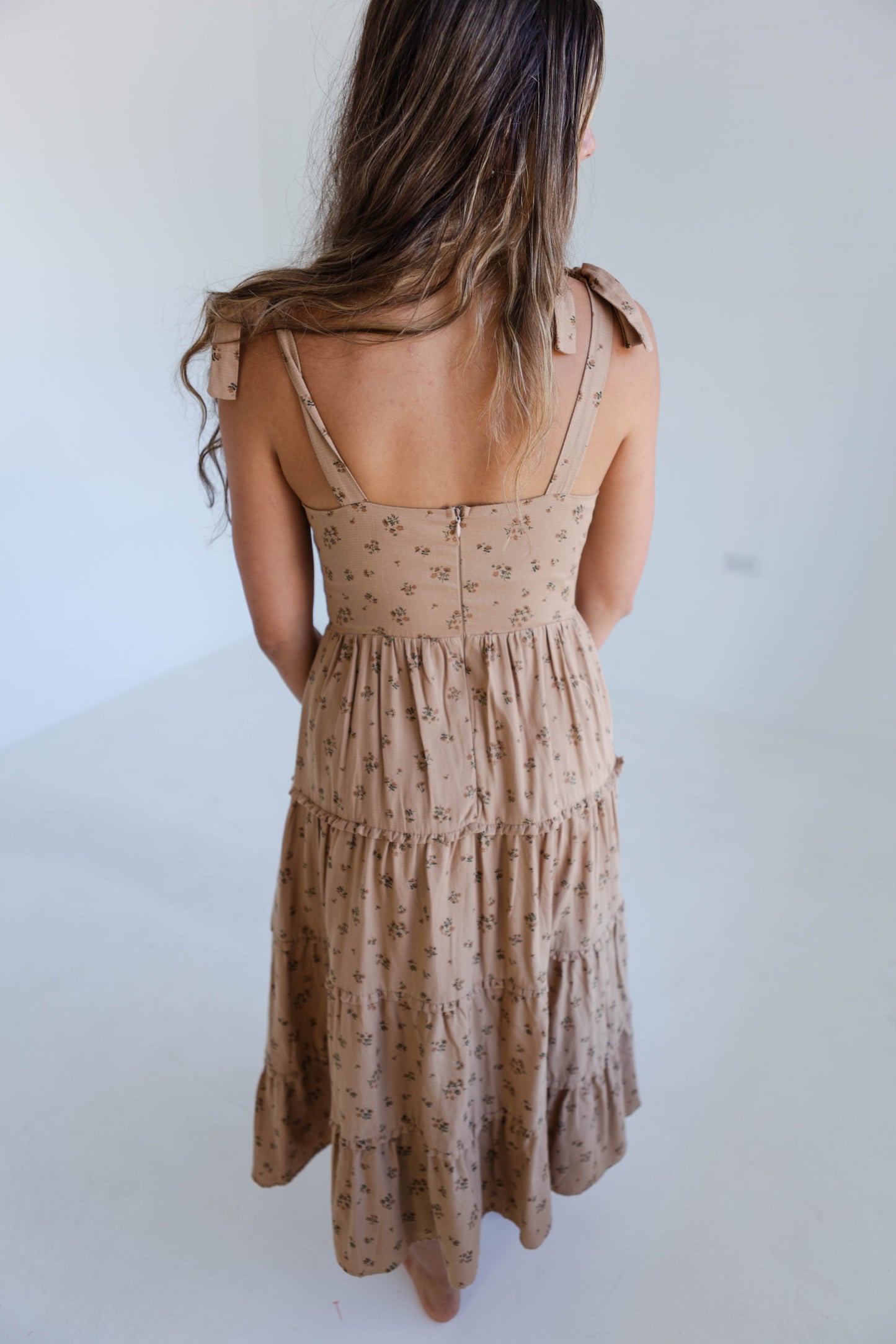 Brown Floral Monochromatic Bow Ruffled Midi Dress