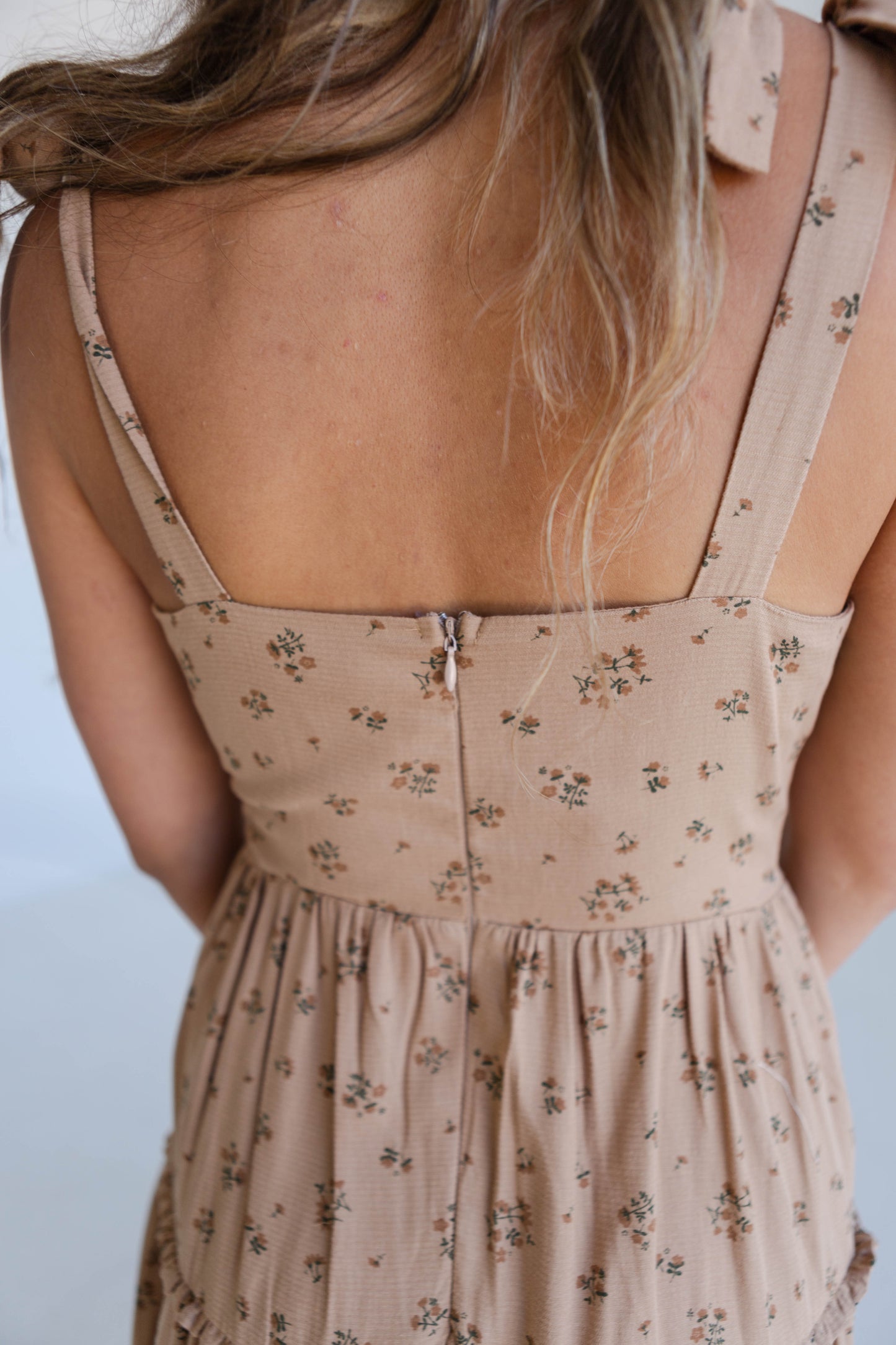 Brown Floral Monochromatic Bow Ruffled Midi Dress