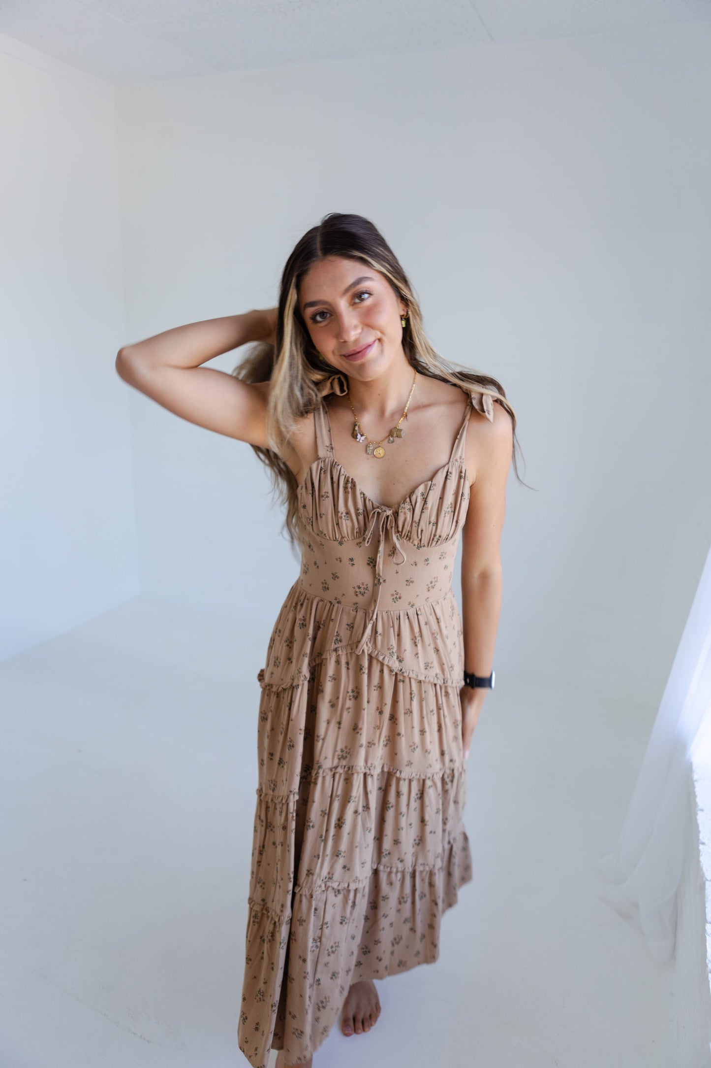 Brown Floral Monochromatic Bow Ruffled Midi Dress