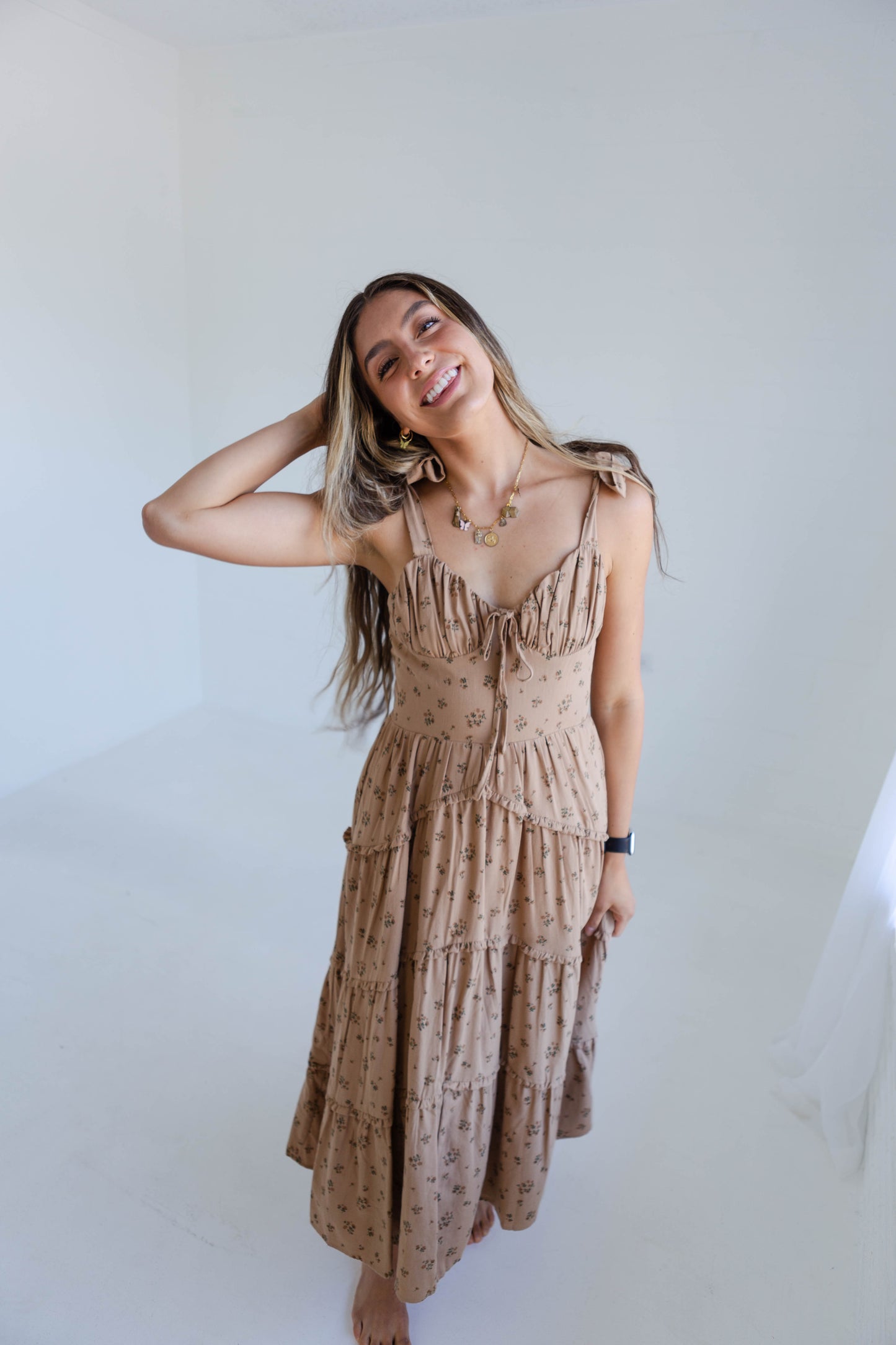 Brown Floral Rose Print Ruffled Midi Dress