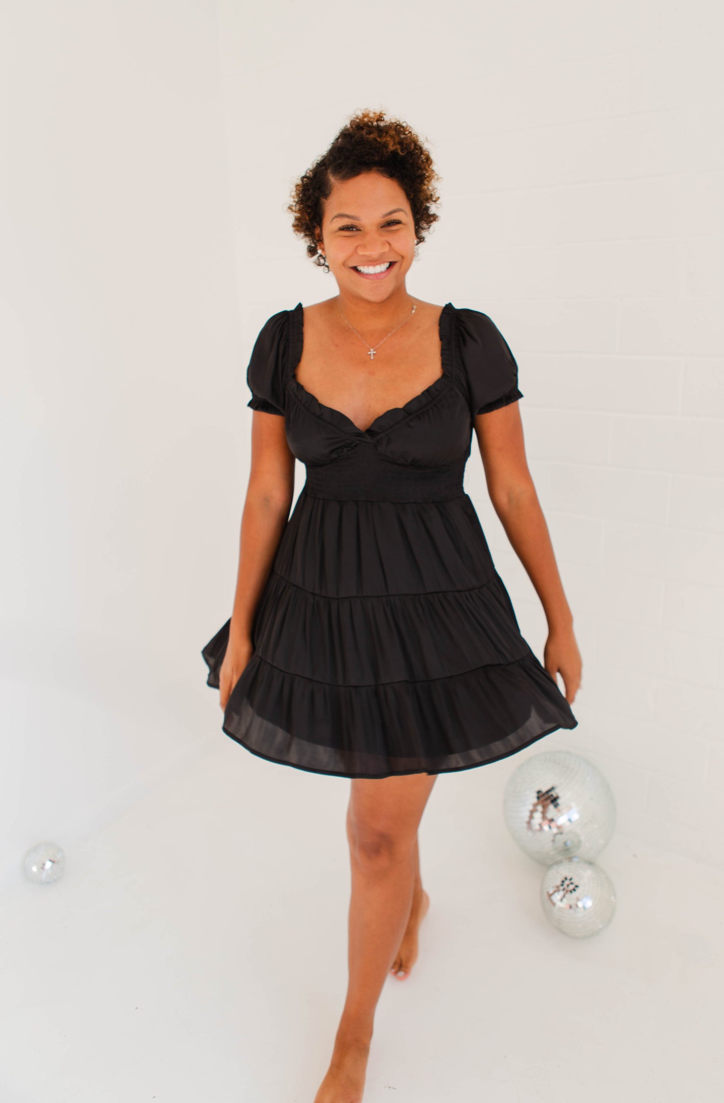 Black Satin Ruffle Tiered Babydoll Dress