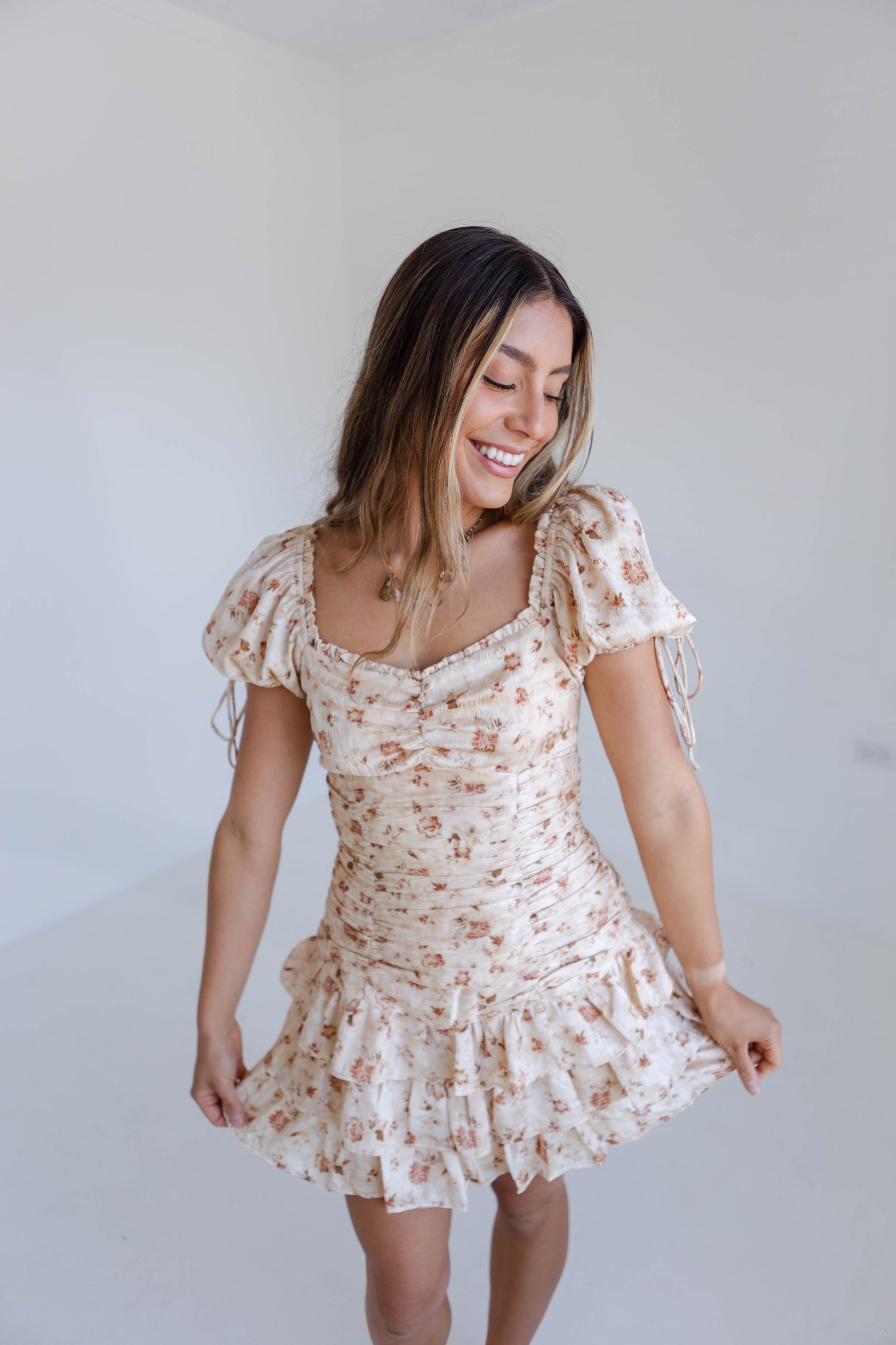 Beige Floral Runched Bodycon Mini Dress Wildflower Threads Beige Floral Runched Bodycon Mini Dress Wildflower Threads
