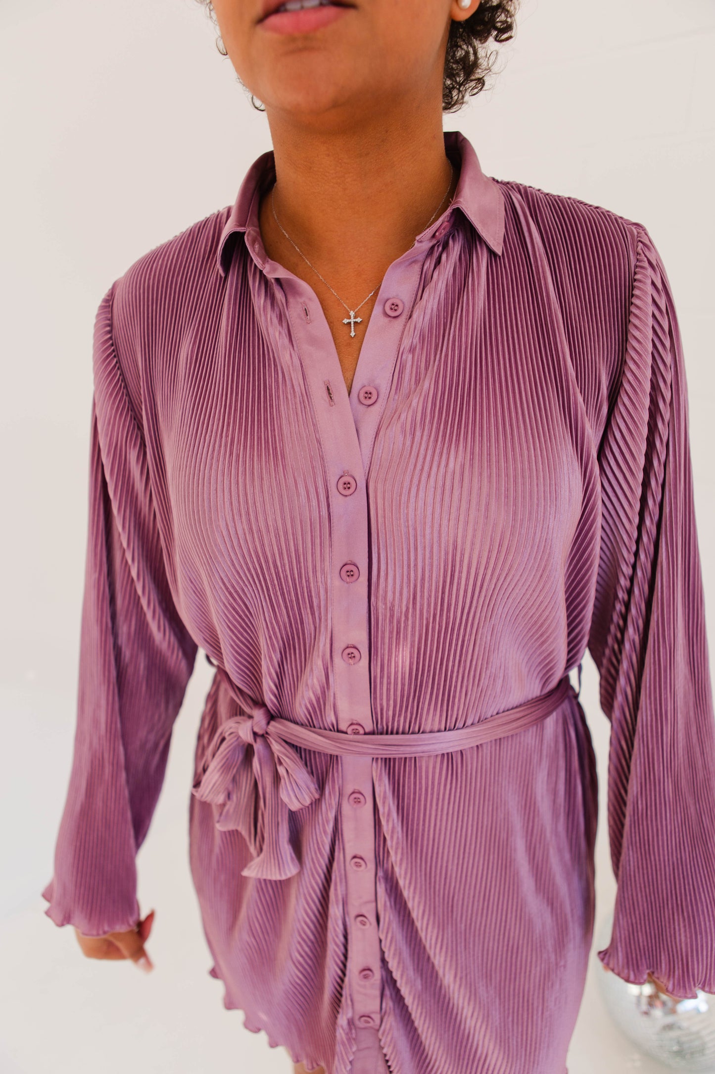 Dusty Lavender Pleated Belted Button Down Shirt Dress