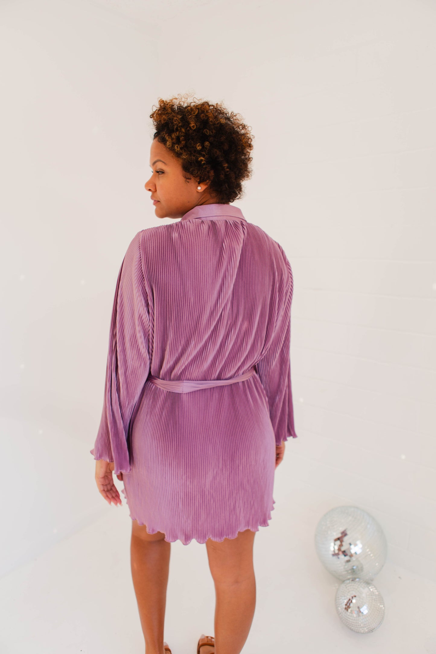 Dusty Lavender Pleated Belted Button Down Shirt Dress