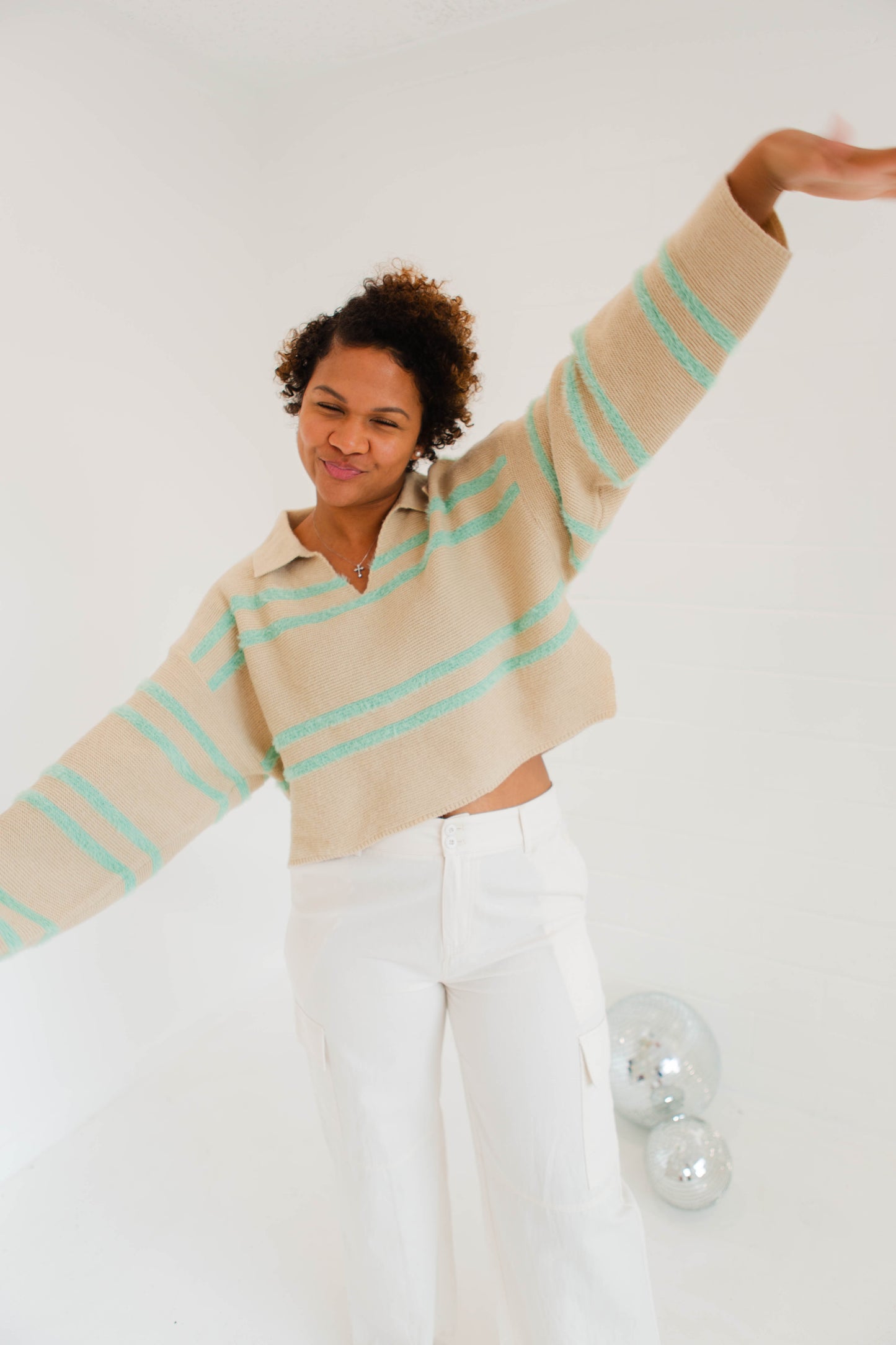 Light Taupe & Mint Striped Collard Sweater Top