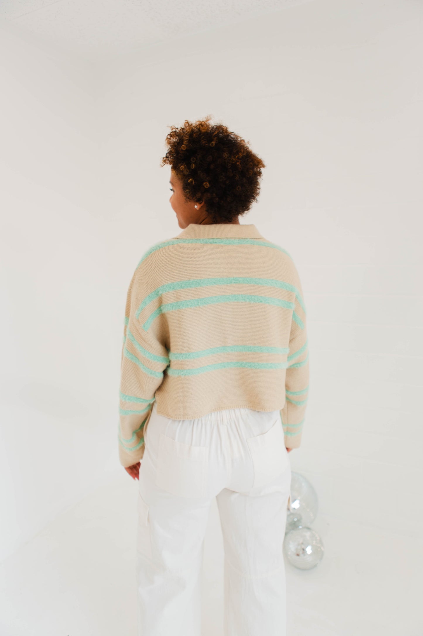 Light Taupe & Mint Striped Collard Sweater Top