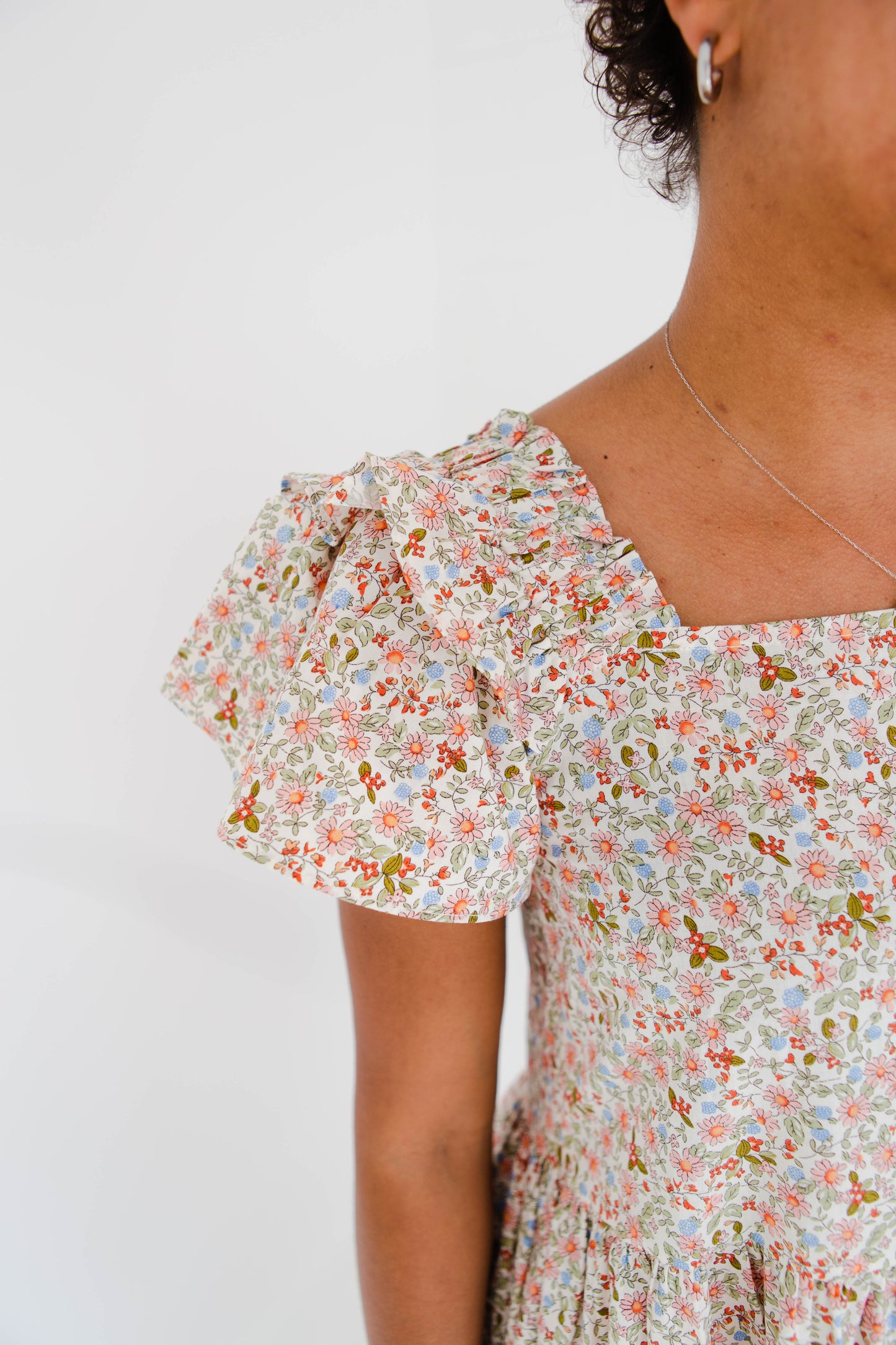 Ruffle Shoulder Square Neck Floral Dress