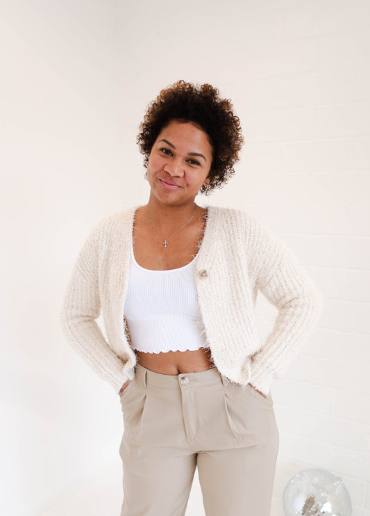 Cream Fuzzy Button Cardigan