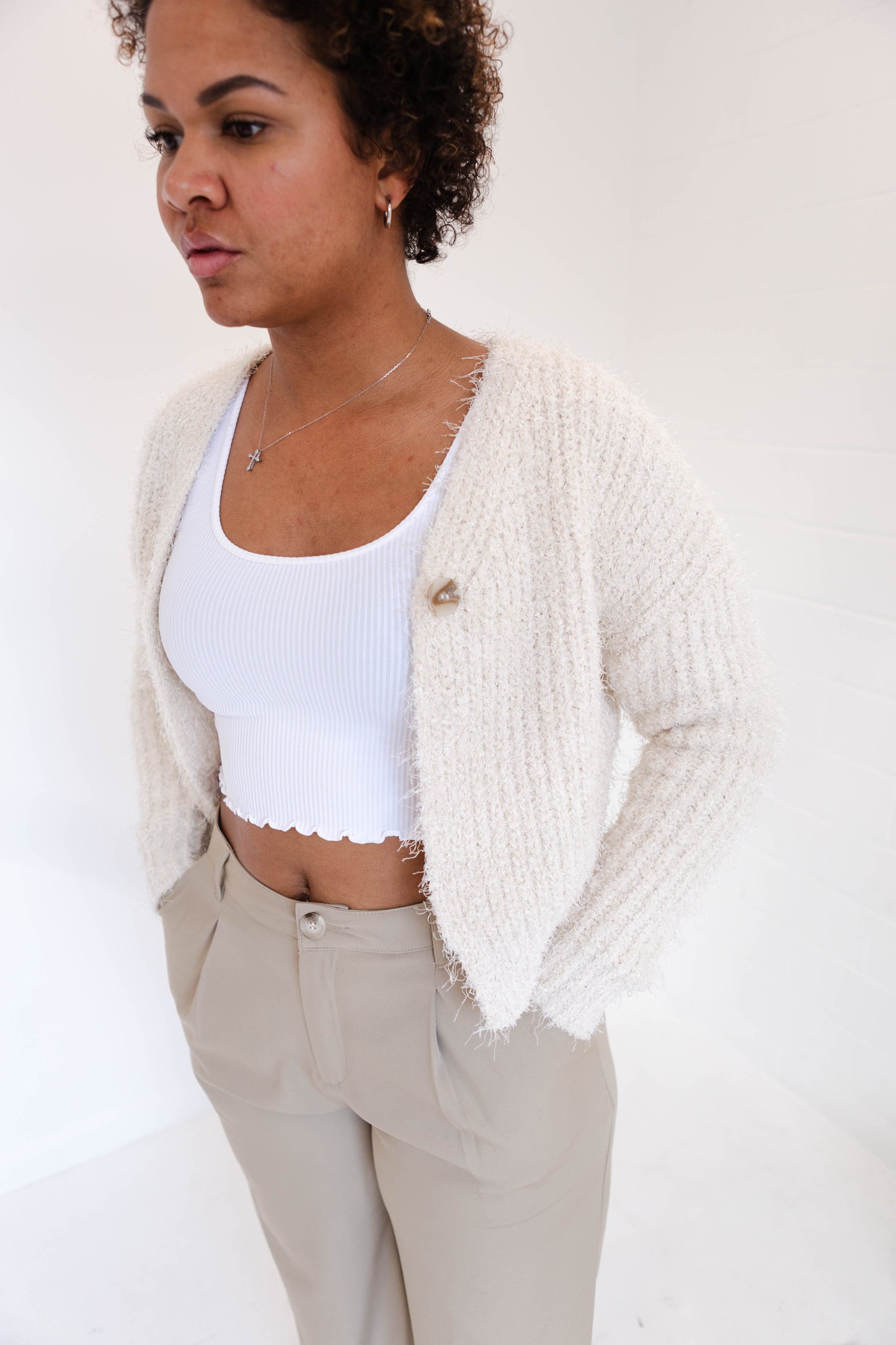Cream Fuzzy Button Cardigan