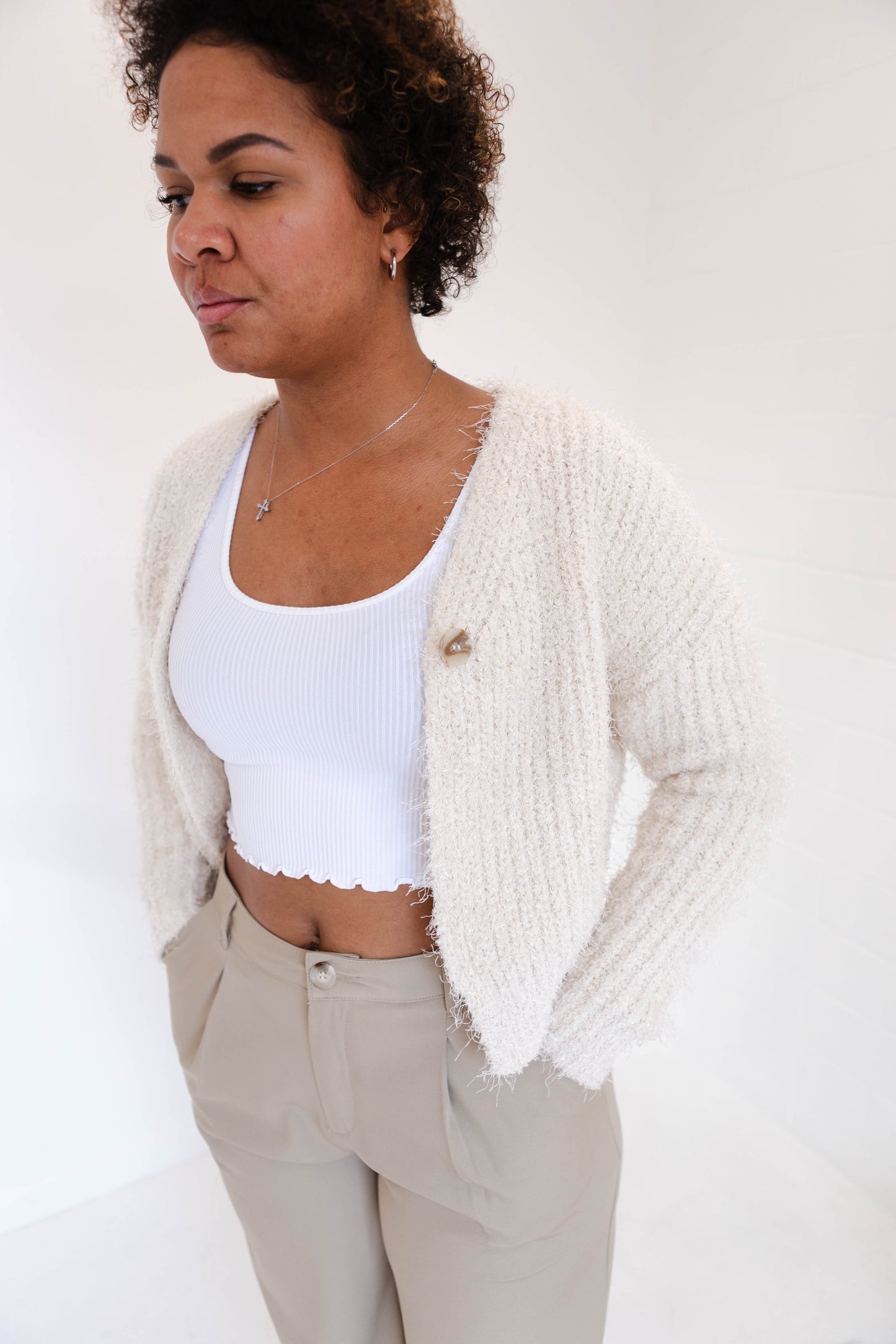 Cream Fuzzy Button Cardigan