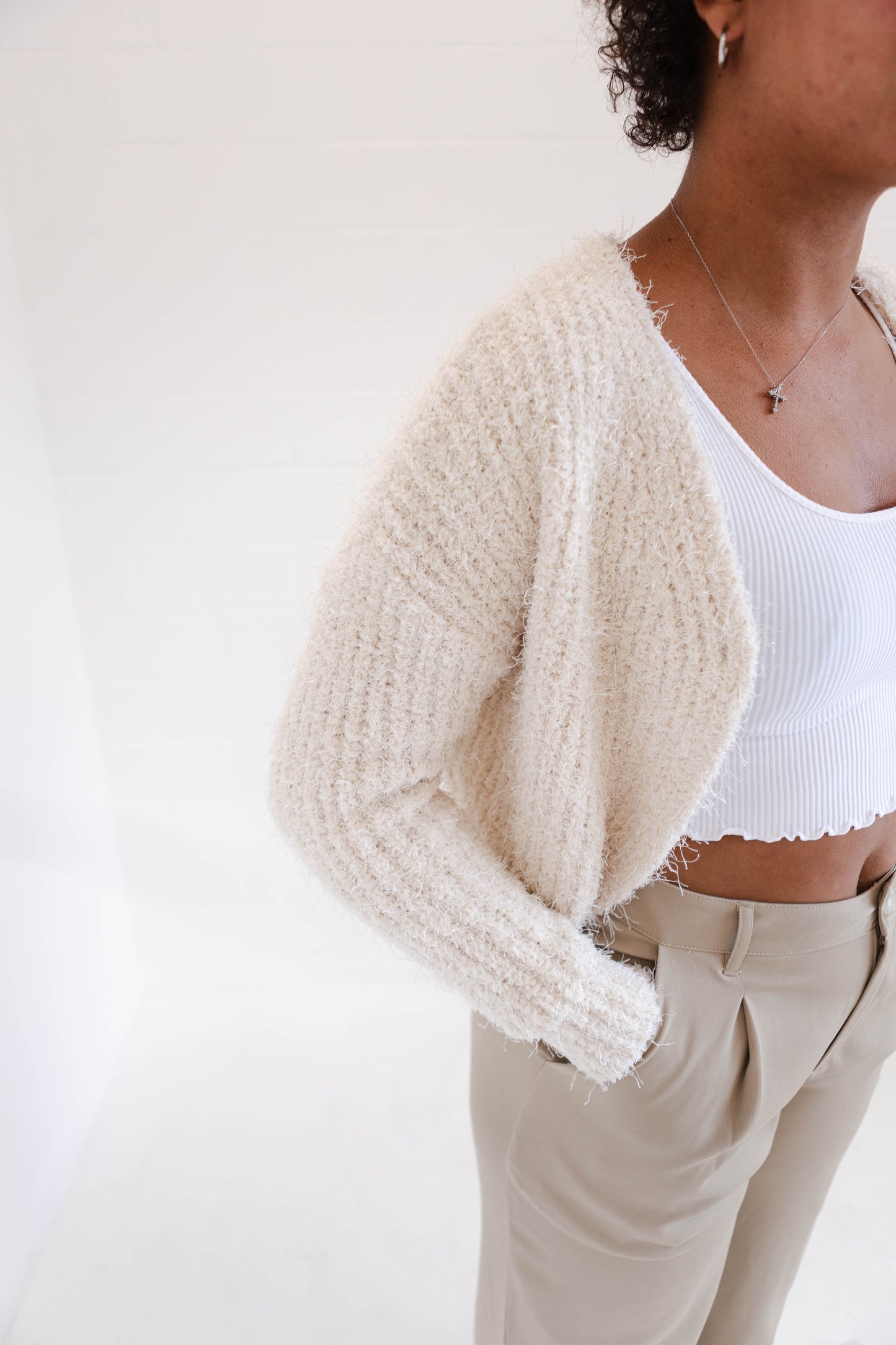 Cream Fuzzy Button Cardigan