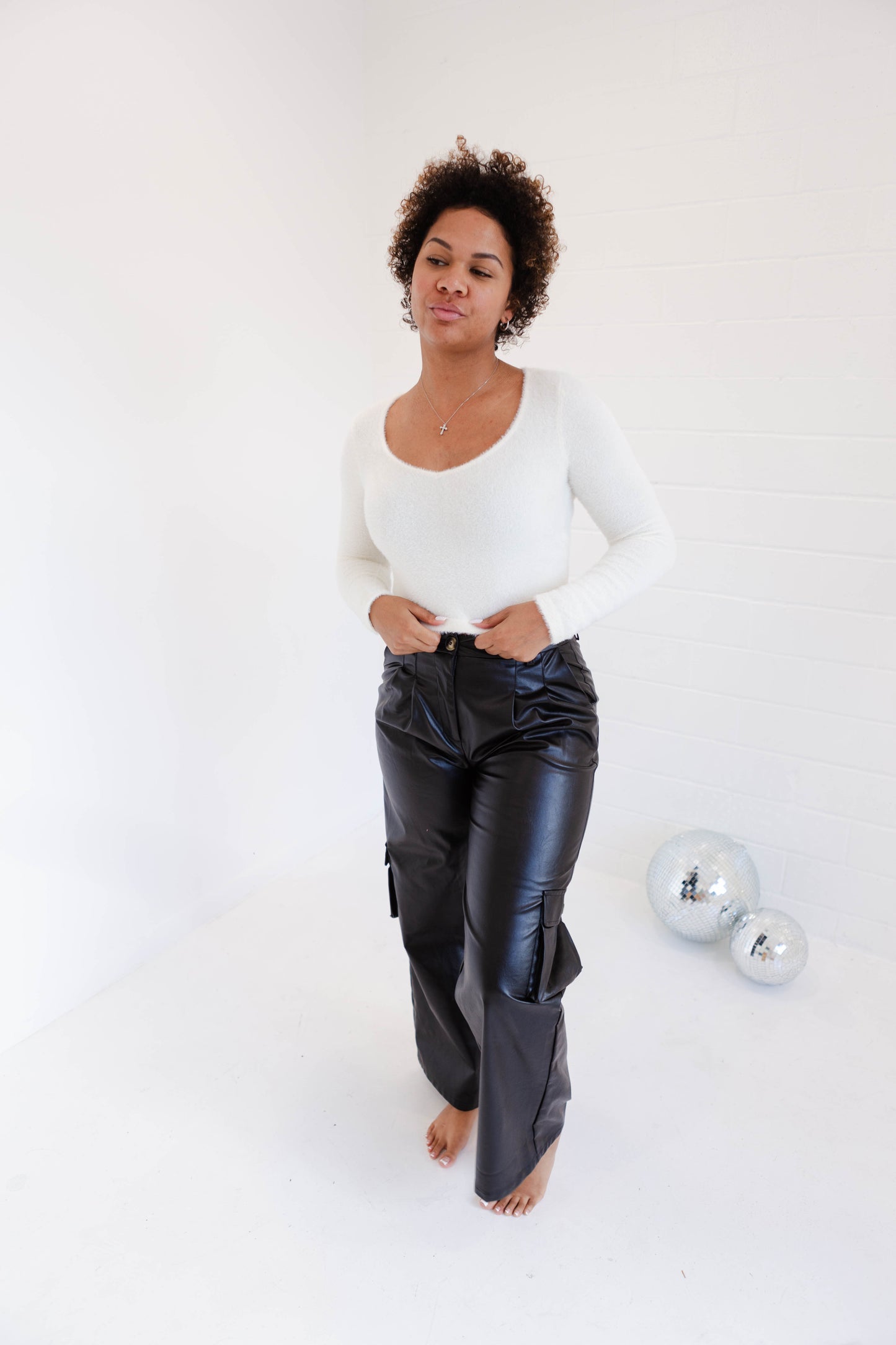 Black Leather Wide Fit Cargo Pants