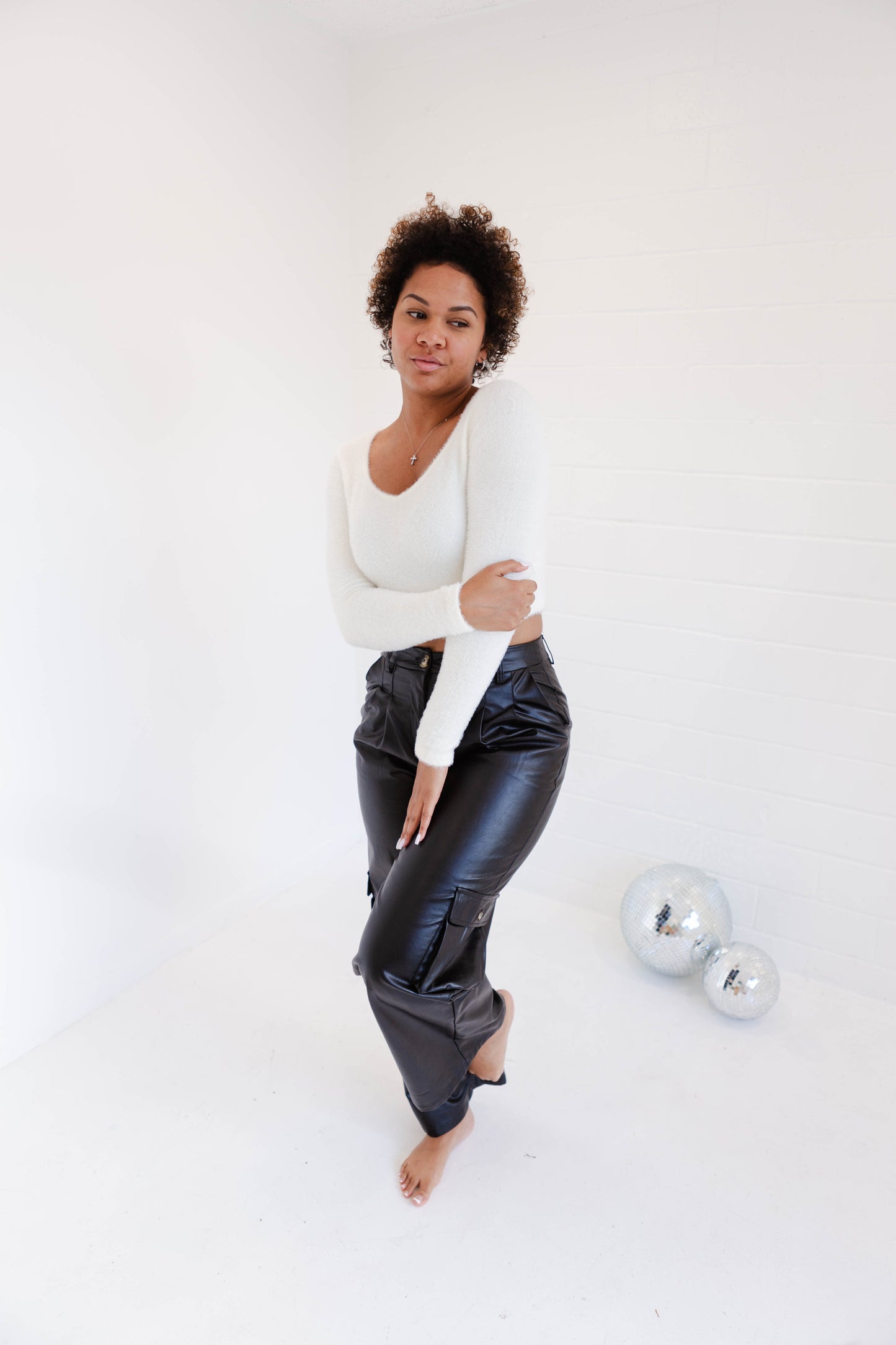 Black Leather Wide Fit Cargo Pants