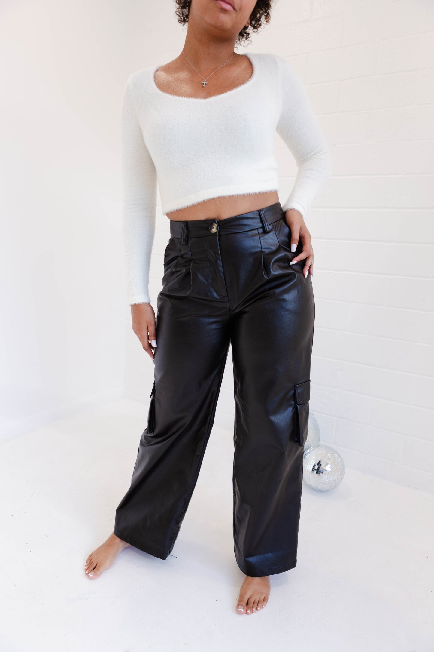 Black Leather Wide Fit Cargo Pants