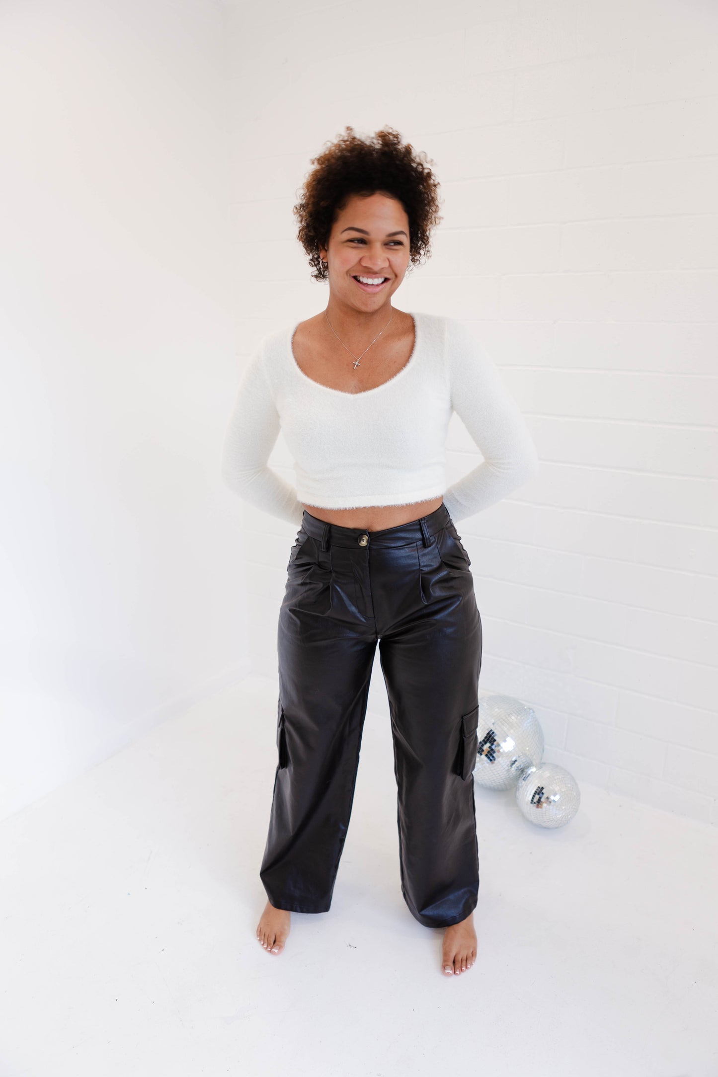 Black Leather Wide Fit Cargo Pants