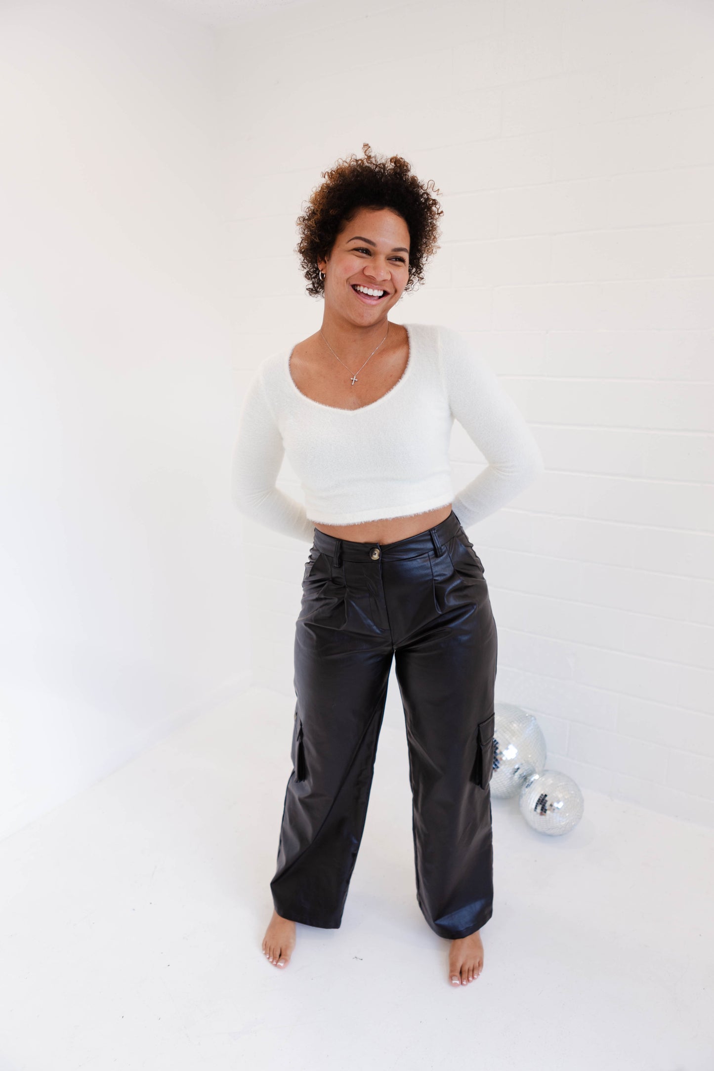 Black Leather Wide Fit Cargo Pants
