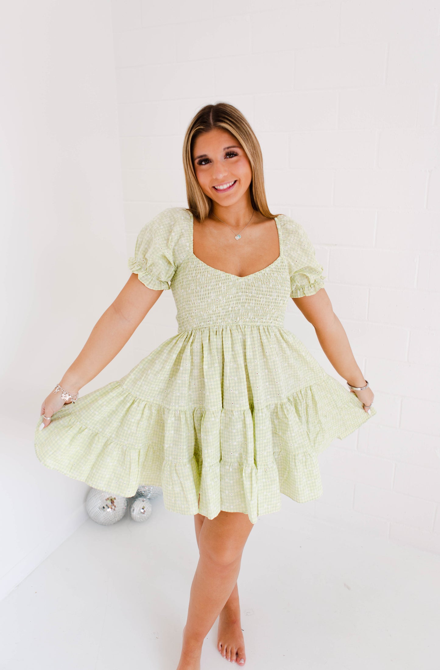 Apple Green Smocking Floral Embroidered Mini Dress