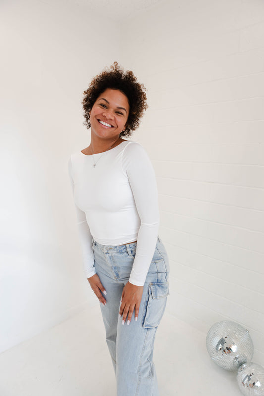Off White Backless Basic Longsleeve Top
