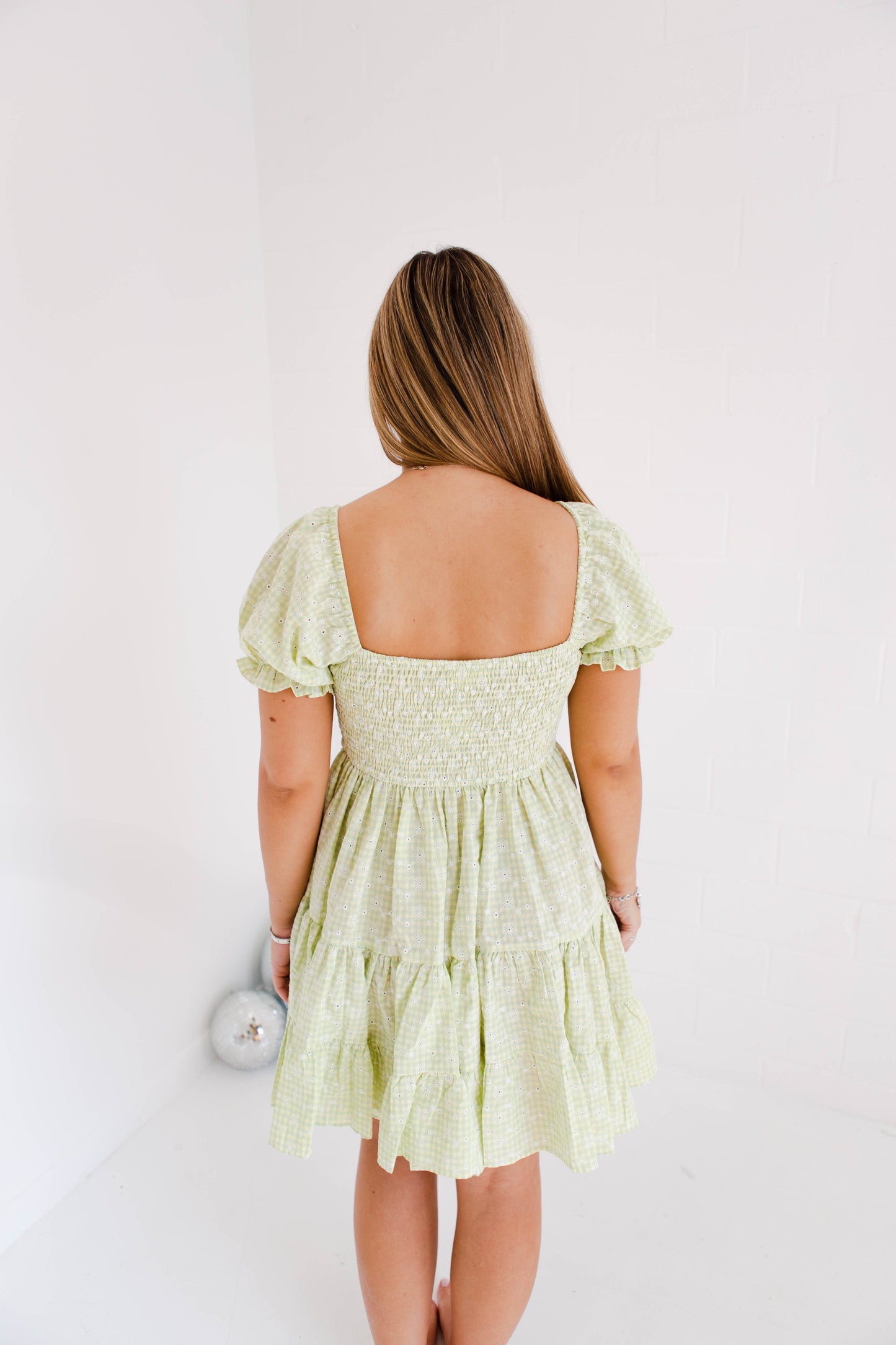 Apple Green Smocking Floral Embroidered Mini Dress