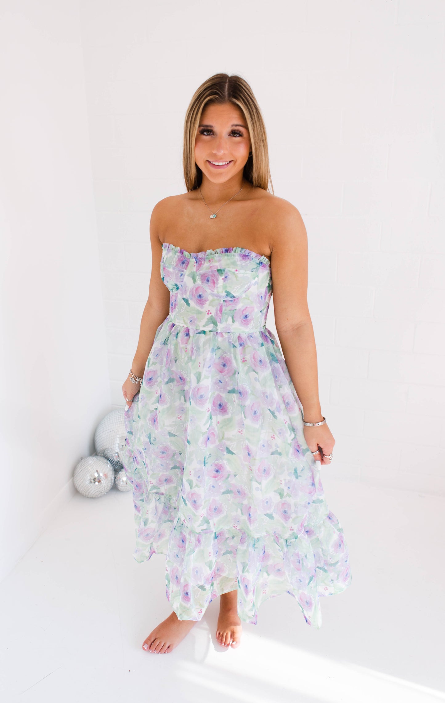 Pastel Floral Print Strapless Midi Dress