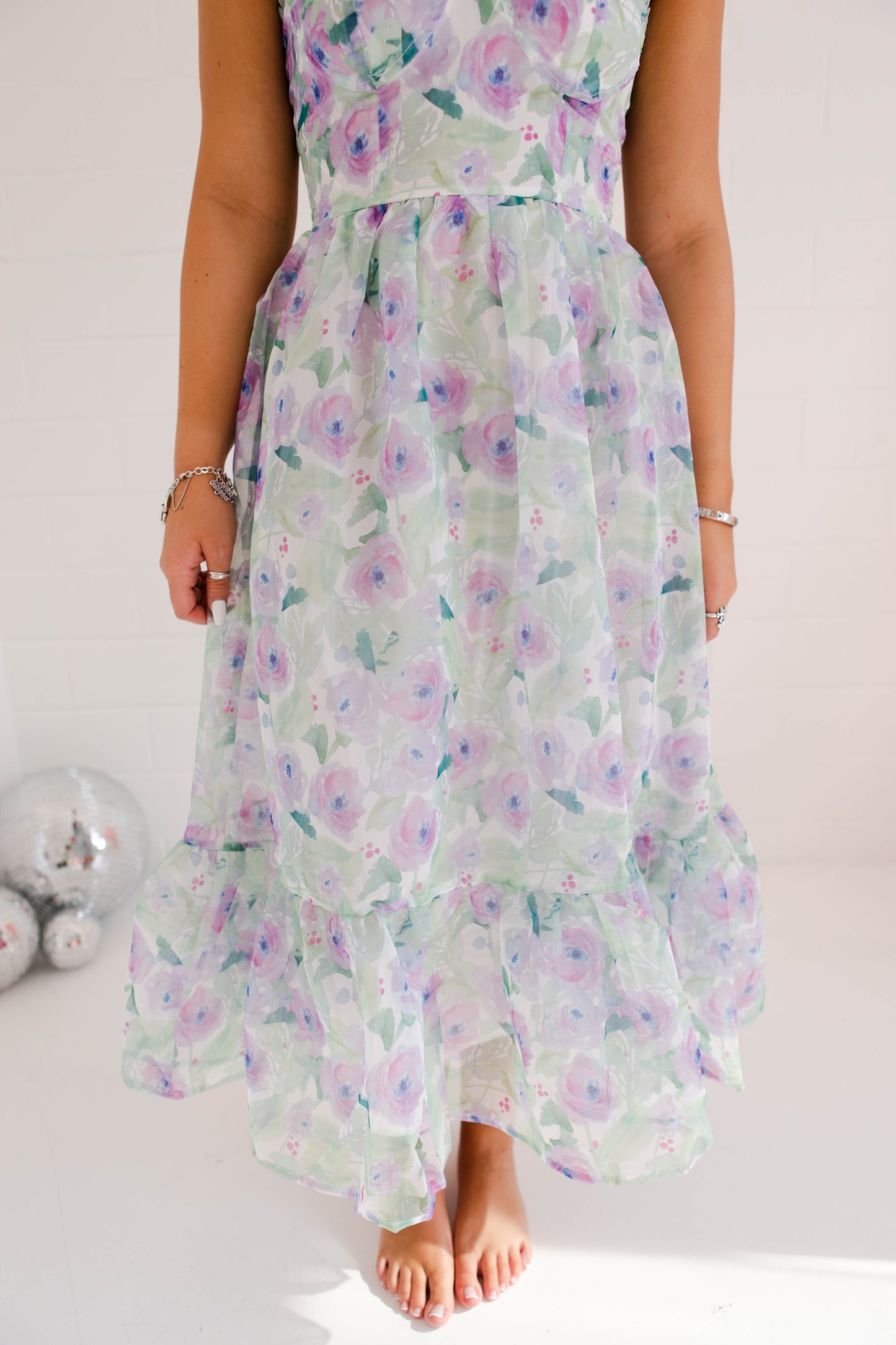 Pastel Floral Print Strapless Midi Dress