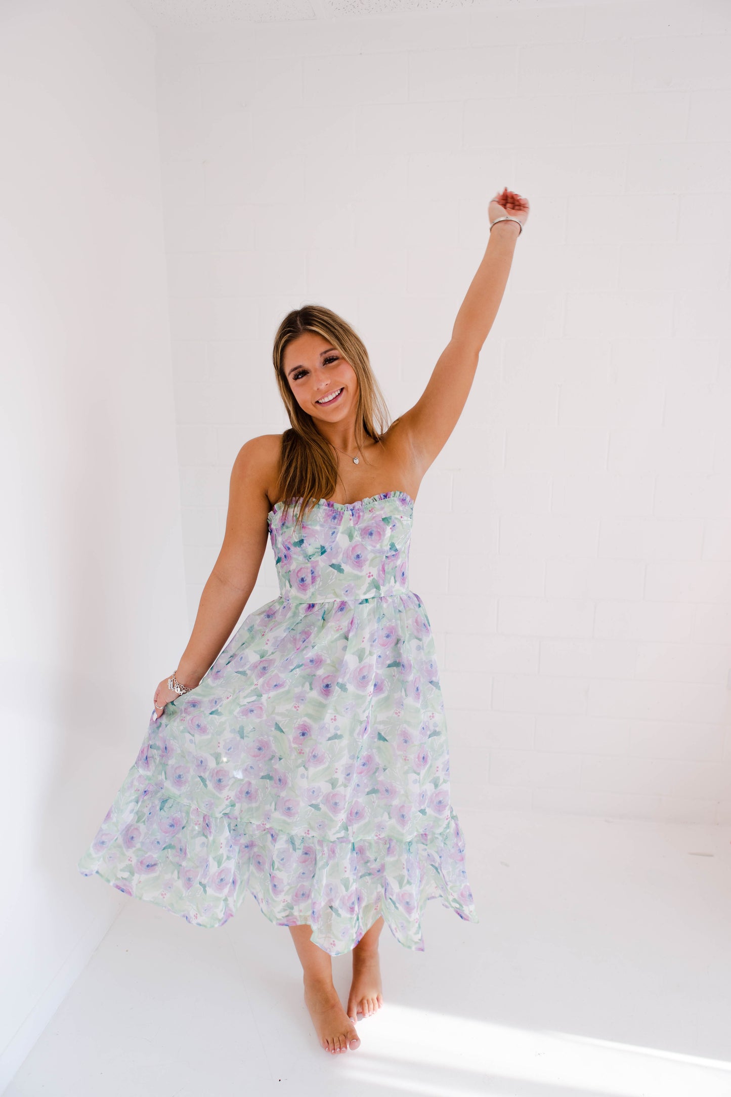 Pastel Floral Print Strapless Midi Dress