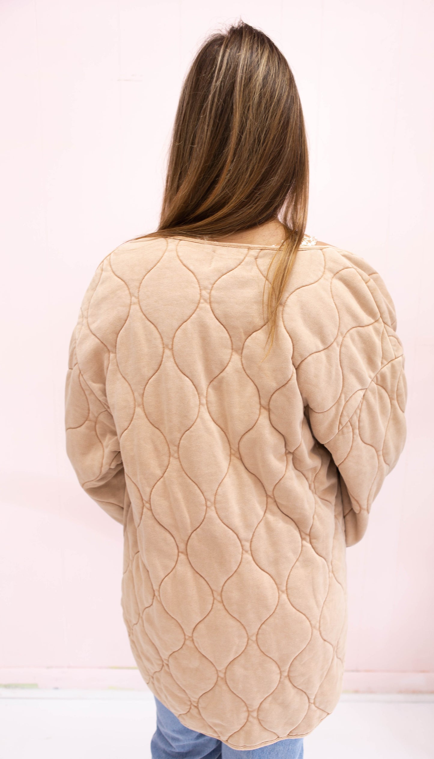 Woven Stone Washed Quilted Long Sleeve Taupe
