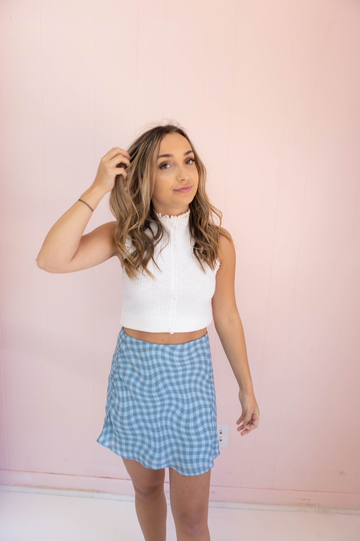 Teal Blue Check Mini Skirt