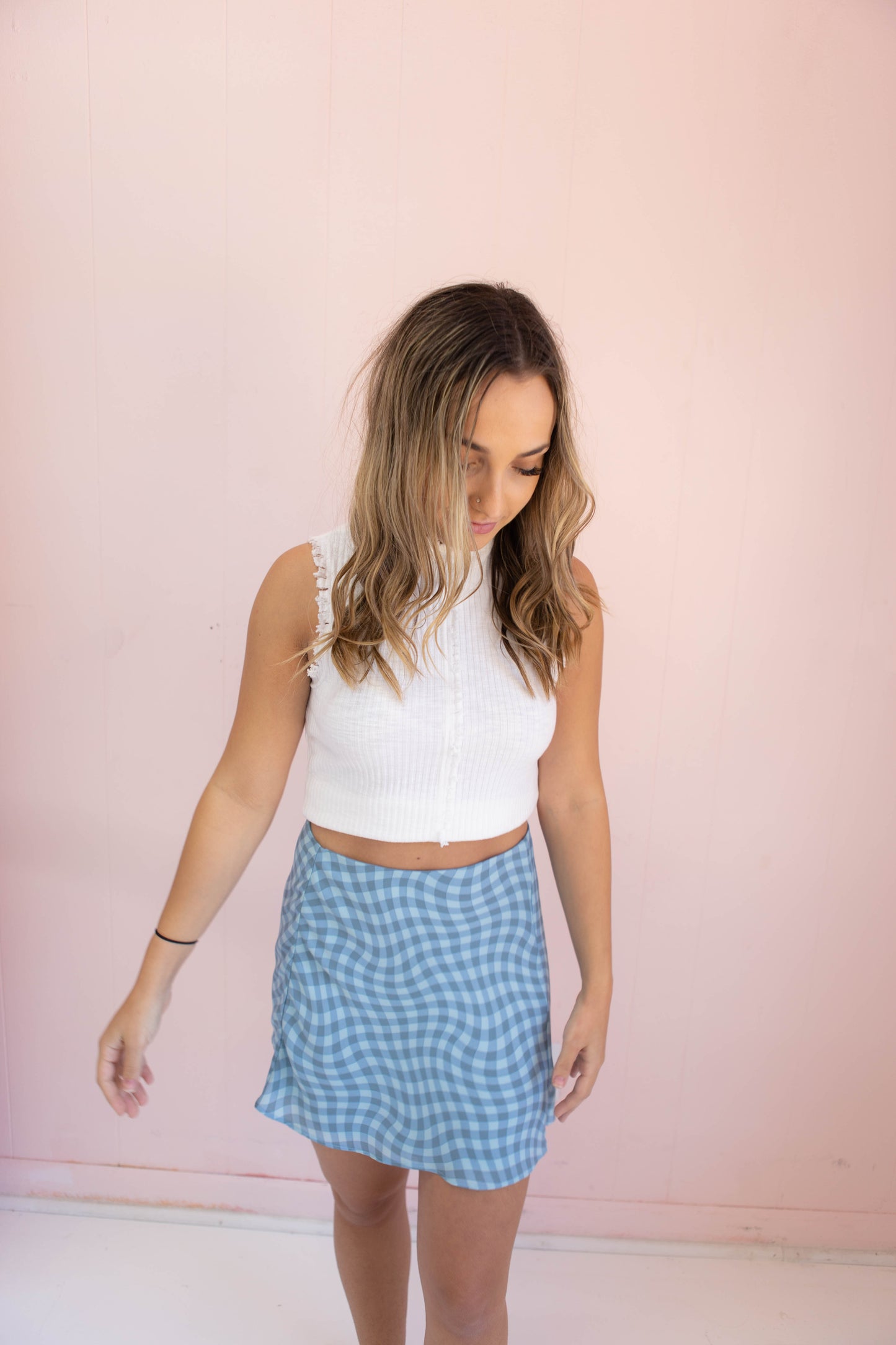 Teal Blue Check Mini Skirt