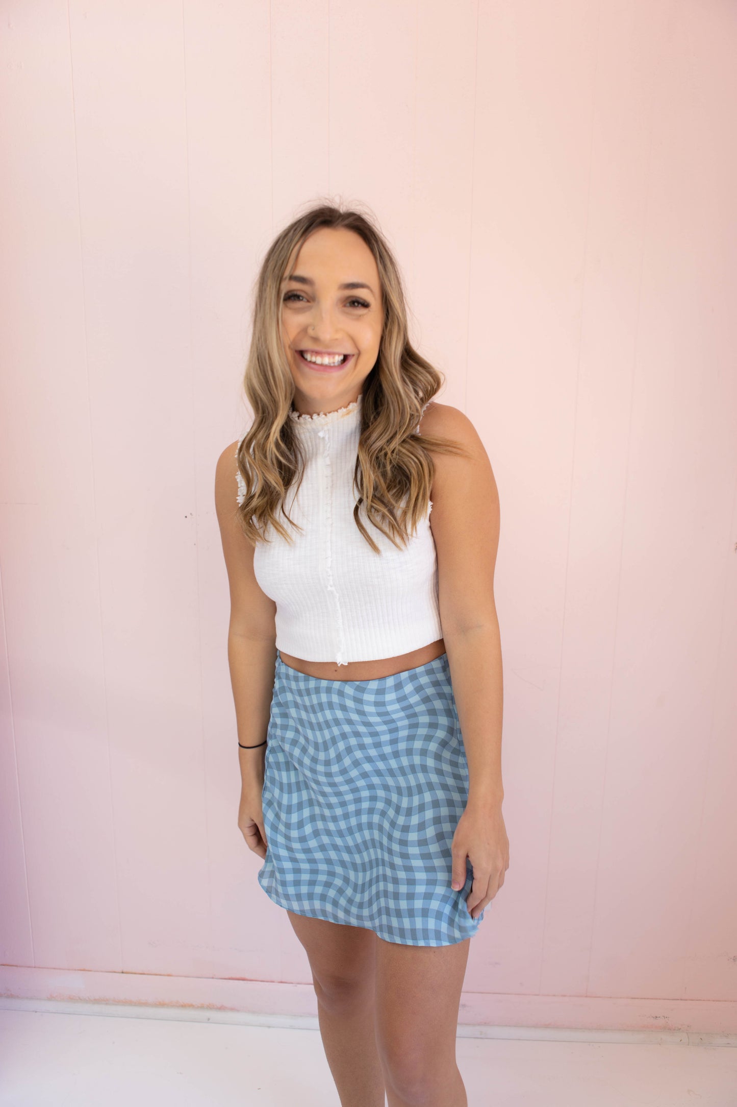 Teal Blue Check Mini Skirt