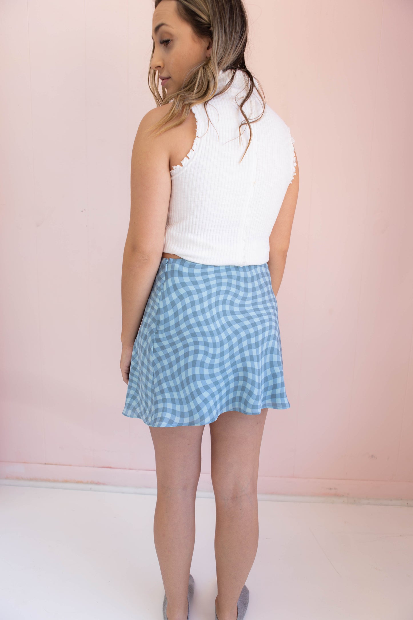 Teal Blue Check Mini Skirt