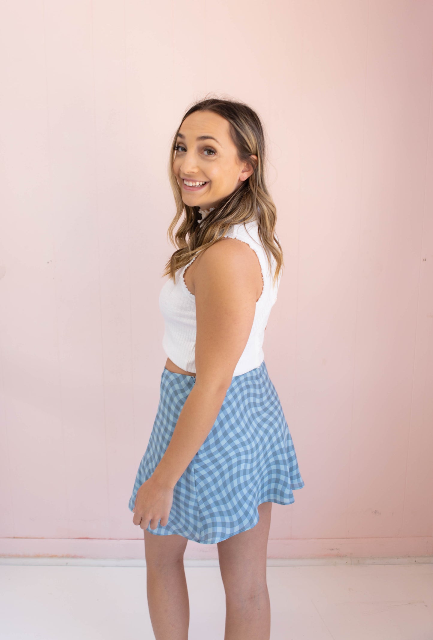 Teal Blue Check Mini Skirt