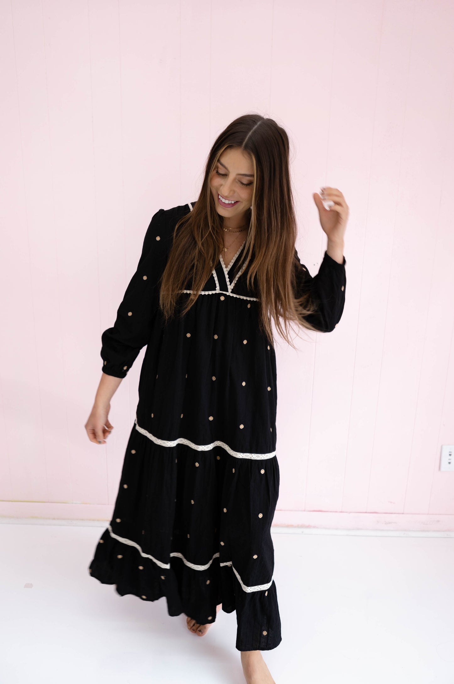 FINAL SALE: All Over Embroidery Tiered Midi Dress