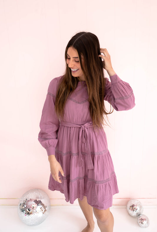 Mauve Lace Inlay Long Sleeve Mini Dress
