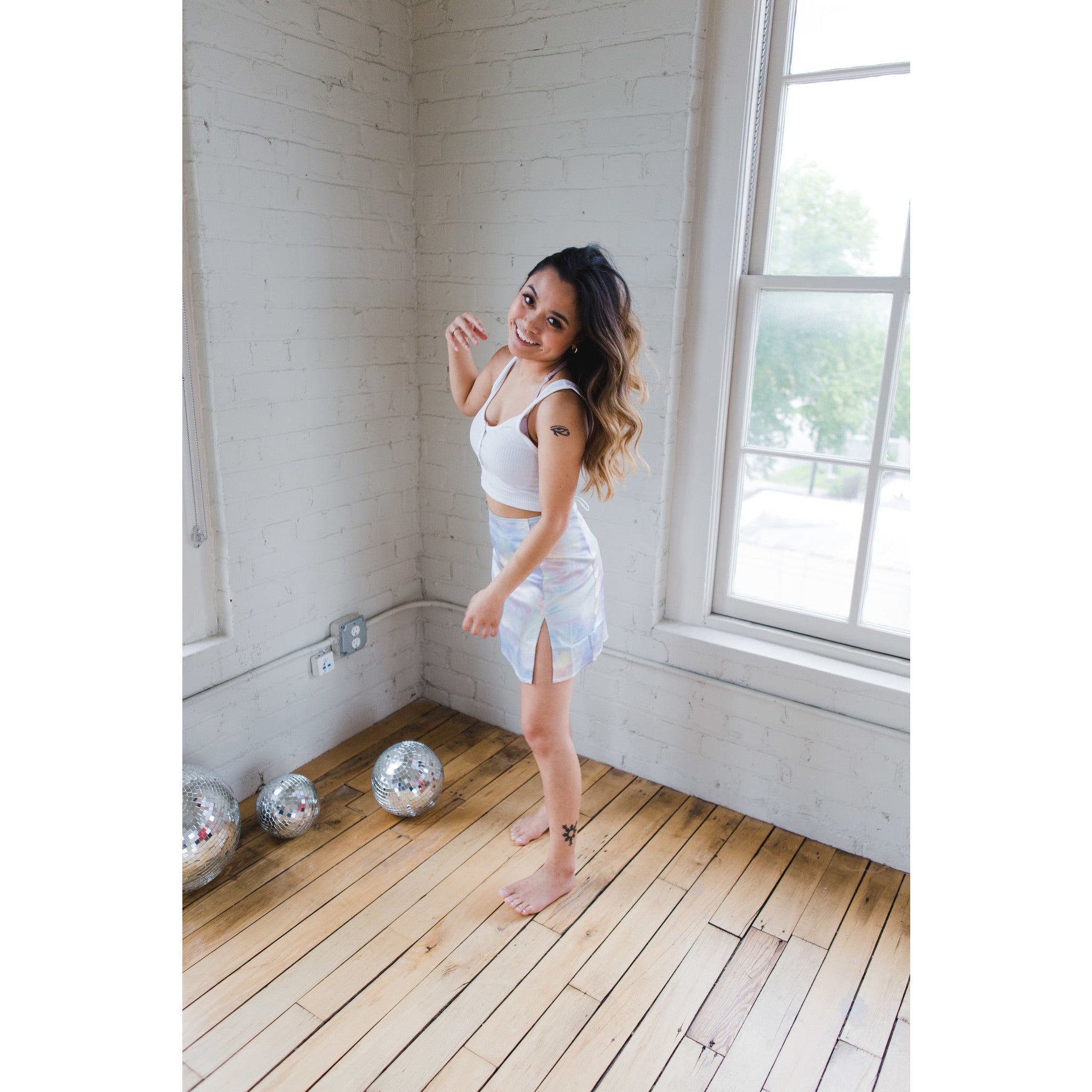 Tie Dye Satin Mini Skirt with Slit Wildflower Threads